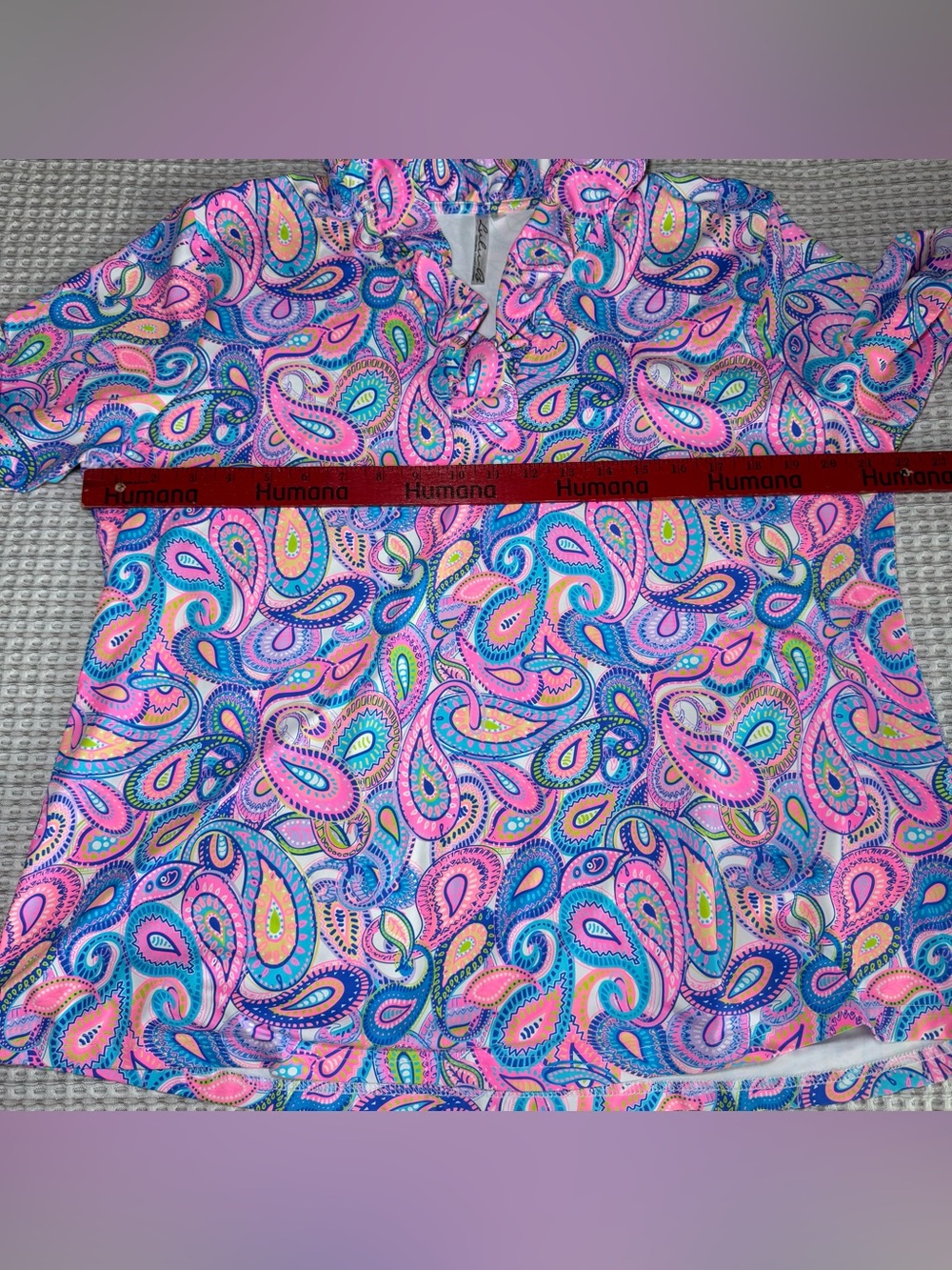 Lulu-B 3/4 Sleeve V Neck Ruffle Top Womens Size XL Vibrant Paisley UPF 50 Pink - Picture 4 of 8